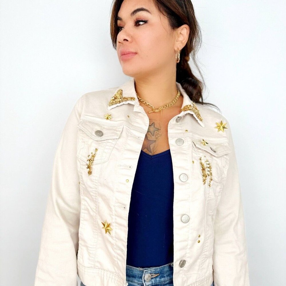 Handmade Upcycled Disney Jean Jacket sz S Sequin Embellished Mickey Denim Gold - Picture 4 of 10